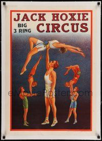 7y103 JACK HOXIE BIG 3 RING CIRCUS linen 20x28 circus poster '30s cool art of acrobats performing!