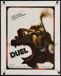 7y263 DUEL linen French 16x21 '73 Steven Spielberg, wacky different killer vehicle art by Landi!
