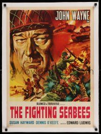 7y224 FIGHTING SEABEES linen Italian/Eng 20x28 R60s completely different art of John Wayne in WWII!