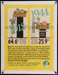 7y087 COST OF LIVING linen 21x28 WWII war poster '44 it cost less to live during WWII than WWI!