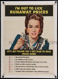 7y092 I'M OUT TO LICK RUNAWAY PRICES linen 20x29 WWII war poster '43 great art of tough housewife!