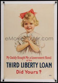 7y084 THIRD LIBERTY LOAN linen 20x30 WWI war poster '17 her daddy bought her a government bond!