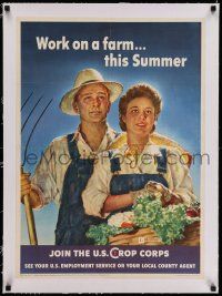 7y099 WORK ON A FARM THIS SUMMER linen 20x28 WWII war poster '43 Crockwell art of happy farm couple!