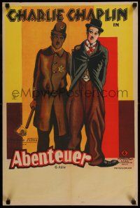 7z137 ADVENTURER German 19x28 '29 wonderful art of Charlie Chaplin as The Tramp & as policeman!
