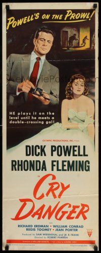 7z051 CRY DANGER insert '51 great film noir art of Dick Powell loading gun + sexy Rhonda Fleming!