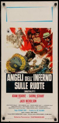 7z235 HELLS ANGELS ON WHEELS Italian locandina '68 different Cesselon art of brawling bikers!