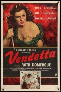 8a236 VENDETTA 1sh '50 Howard Hughes, great art of sexy bad girl Faith Domergue holding knife!