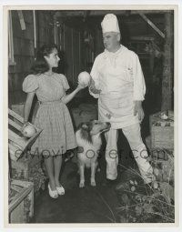 8a108 COURAGE OF LASSIE candid deluxe 10.25x13 still '46 14 year-old Liz Taylor & dog with cook!