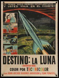 8c074 DESTINATION MOON Cuban '50s Robert A. Heinlein, cool artwork of rocket flying through space!