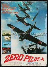 8c671 ZERO PILOT linen export Japanese 28x40 '76 cool image of Japanese WWII fighter planes!