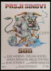 8c612 S.O.B. Yugoslavian 19x27 '81 Andrews, Edwards, wacky Alvin art of bull in director's chair!