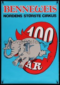 8d102 BENNEWEIS 27x39 Danish circus poster '87 art of elephant jumping through sign!