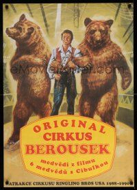 8d106 ORIGINAL CIRCUS BEROUSEK 23x33 Danish circus poster '90s cool art of man walking with bears!