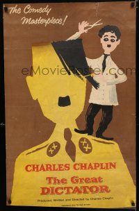 8d200 GREAT DICTATOR 1sh R58 Leo Kouper art of Charlie Chaplin as Hitler-like Hynkel & barber!