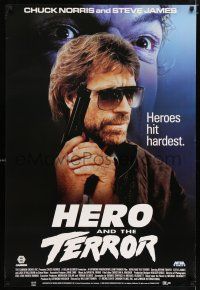 8d762 HERO & THE TERROR 27x40 video poster '88 great image of man of action Chuck Norris!