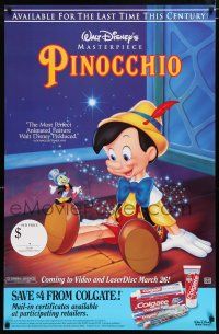 8d789 PINOCCHIO 26x40 video poster R93 Disney classic, wooden boy wants to be real!
