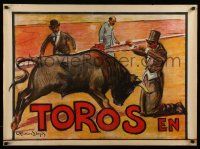 8d214 TOROS EN incomplete Spanish 26x35 '50s art of really well-dressed matadors in suits!