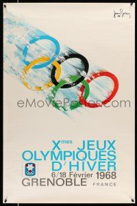 8d362 1968 WINTER OLYMPICS 25x38 French special '67 Jean Brian art of the Olympic Rings!