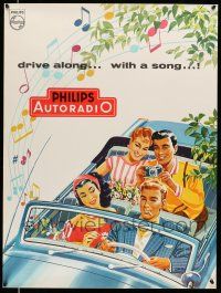 8d351 PHILIPS 23x32 Dutch advertising poster '50s art of people enjoying their car radio, Autoradio!
