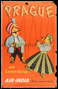 8d064 AIR-INDIA PRAGUE 26x40 Indian travel poster '50s wonderful art of marionettes!