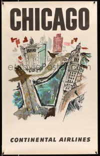 8d025 CONTINENTAL AIRLINES CHICAGO 25x40 travel poster '50s great artwork of downtown!