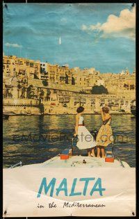 8d073 MALTA IN THE MEDITERRANEAN 25x40 English travel poster '60s cool image of women on boat!