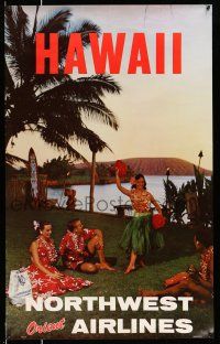 8d027 NORTHWEST ORIENT AIRLINES HAWAII 25x40 travel poster '60s great image of luau!