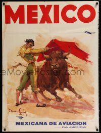 8d069 PAN AMERICAN MEXICO 28x37 Mexican travel poster '60s great art of matador fighting bull!