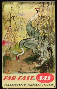 8d050 SAS FAR EAST 25x39 Danish travel poster '50s great Otto Nielson art of cranes!