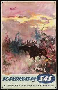 8d055 SAS SCANDINAVIA 25x39 Danish travel poster '50s Otto Nielson art of moose in the forest!