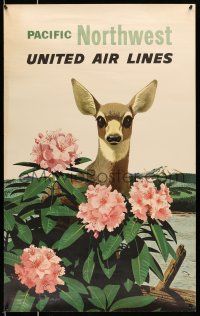 8d039 UNITED AIR LINES PACIFIC NORTHWEST 25x40 travel poster '60s Stan Galli art of cute deer!