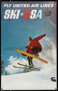 8d040 UNITED AIR LINES SKI USA 25x40 travel poster '60s wonderful image of skiers in mid-jump!