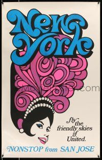 8d044 UNITED NEW YORK 25x40 travel poster '70s non-stop from San Jose, art of showgirl!