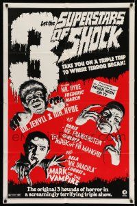 8f004 3 SUPERSTARS OF SHOCK 1sh '72 Boris Karloff, Bela Lugosi, Fredric March, cool monster art!