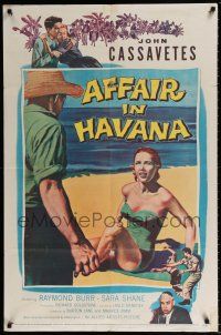 8f017 AFFAIR IN HAVANA 1sh '57 John Cassavetes in Cuba, art of Sara Shane in swimsuit on beach!