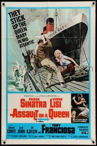 8f040 ASSAULT ON A QUEEN 1sh '66 art of Frank Sinatra w/pistol & sexy Virna Lisi on submarine deck