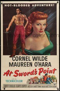 8f043 AT SWORD'S POINT 1sh '52 full-length barechested Cornel Wilde, sexy Maureen O'Hara!