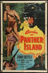 8f086 BOMBA ON PANTHER ISLAND 1sh '49 Johnny Sheffield, Allene Roberts, giant panther!