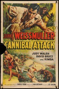 8f103 CANNIBAL ATTACK 1sh '54 cool art of Johnny Weissmuller w/knife, fighting alligators!