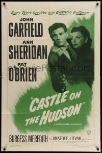 8f114 CASTLE ON THE HUDSON 1sh R49 close up of Ann Sheridan holding John Garfield with gun!