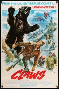 8f132 CLAWS 1sh '77 grizzly bear horror thriller, cool art of huge bear attack!