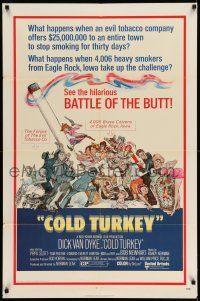 8f142 COLD TURKEY 1sh '71 Dick Van Dyke & entire town quits smoking cigarettes, great art!
