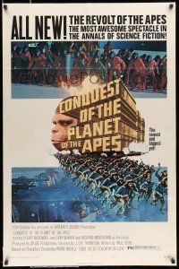 8f157 CONQUEST OF THE PLANET OF THE APES style B 1sh '72 Roddy McDowall, the revolt of the apes!