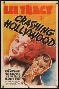 8f169 CRASHING HOLLYWOOD 1sh '38 art of con man Lee Tracy & pretty movie author Joan Woodbury!