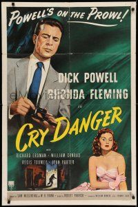 8f175 CRY DANGER 1sh '51 great film noir stone litho art of Dick Powell & Rhonda Fleming!