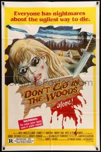8f210 DON'T GO IN THE WOODS 1sh '81 James Bryan, wild horror art of dead woman and knife!