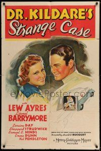 8f217 DR. KILDARE'S STRANGE CASE 1sh '40 Lionel Barrymore watches Lew Ayres & pretty Laraine Day!