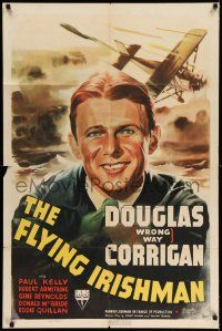 8f279 FLYING IRISHMAN 1sh '39 great close up art of Douglas Wrong Way Corrigan & airplane!