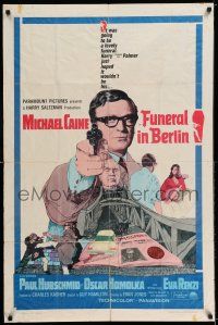 8f303 FUNERAL IN BERLIN 1sh '67 cool art of Michael Caine pointing gun, directed by Guy Hamilton!