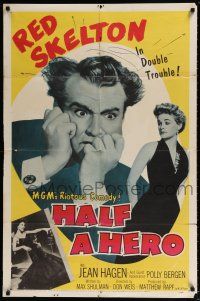8f371 HALF A HERO 1sh '53 great image of Red Skelton in double trouble with Jean Hagen!